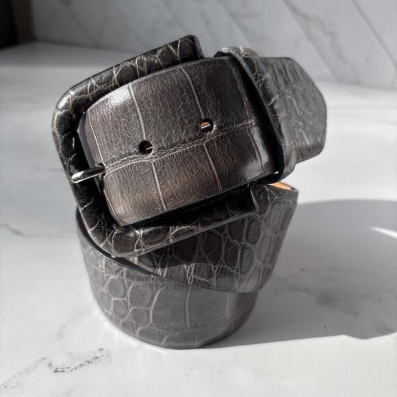 W.KLEINBERG Gray Leather Embossed Crocodile Pattern Wide Belt Covered Buckle L